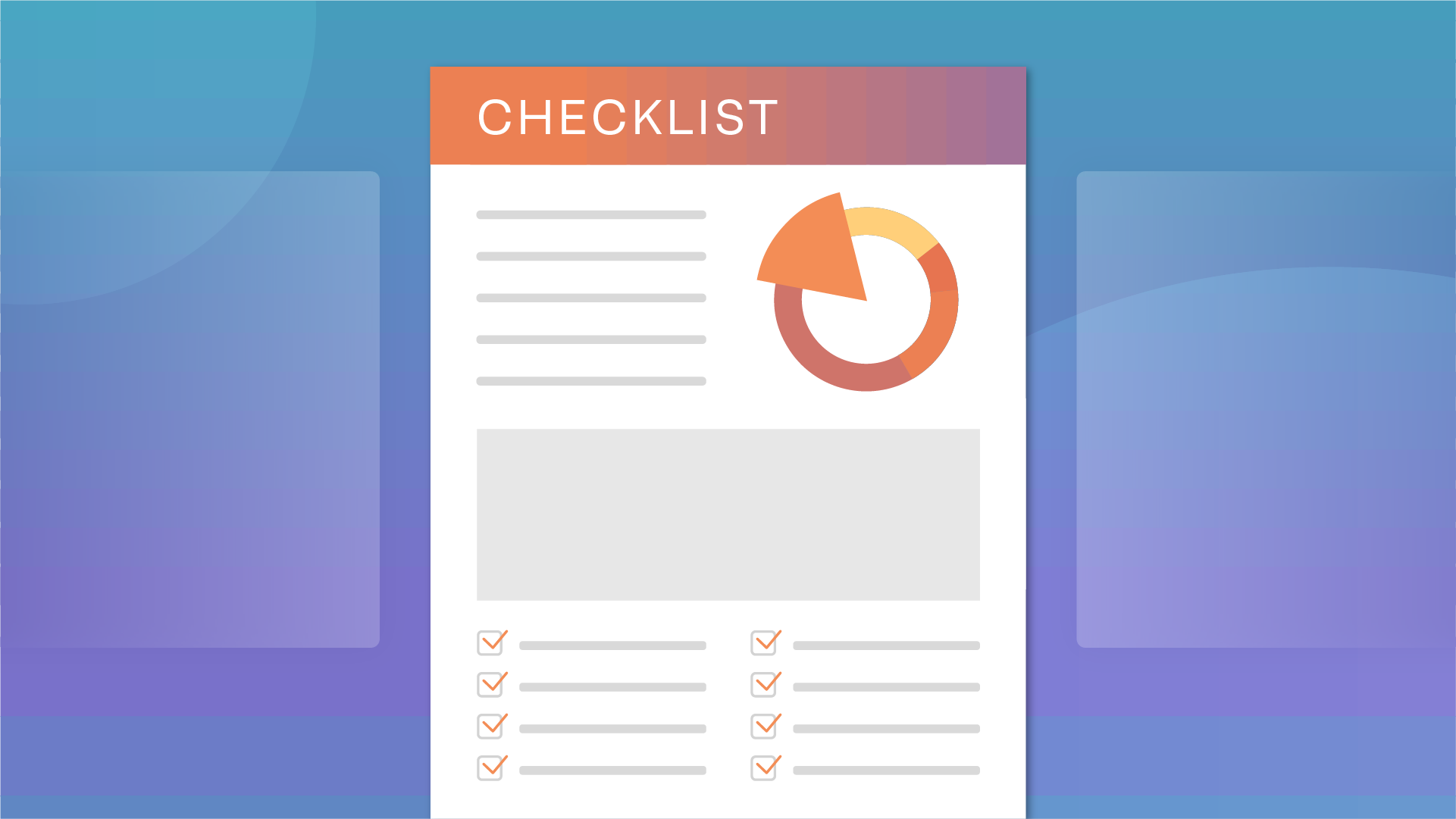 Document illustration with a 2 column checklist on it atop a multi gradient purple background