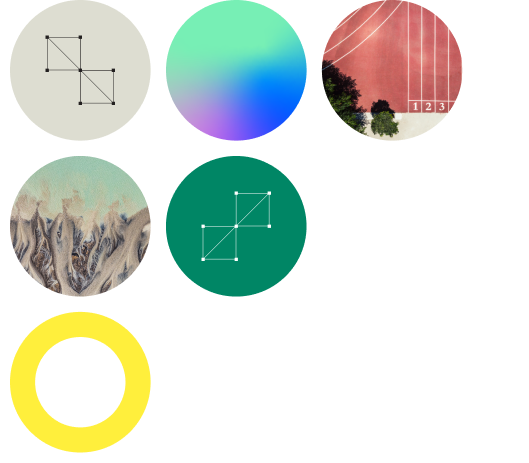 TrustWeek branded circles, an abstract landscape image and overhead view of a race track